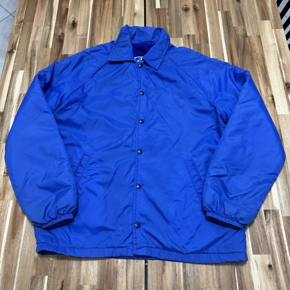 Vintage Champion Jacket Mens‎ M Blue Satin Fleece Lined Snap Button Blank 90s